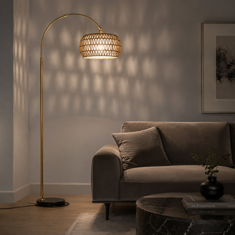 Lampadaire Arc or Rotin soir