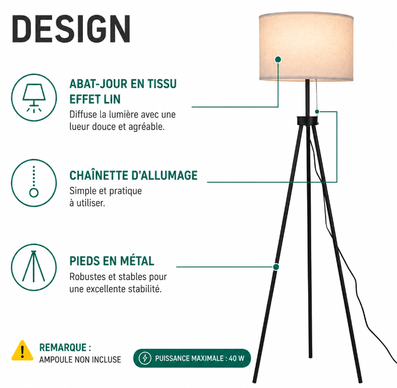 Lampadaire 3 Pieds blanc et noir infos