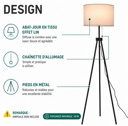 Lampadaire 3 Pieds blanc et noir infos