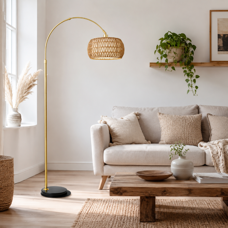 Lampadaire Arc or Rotin