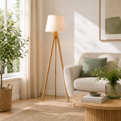Lampadaire Trepied Bois Abat Jour Blanc
