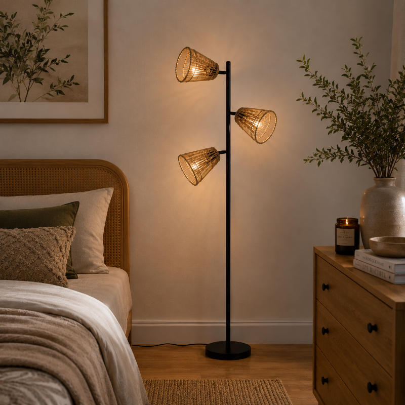 Lampadaire rotin 3 Tetes