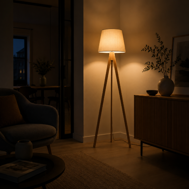 lampadaire bois trepied 