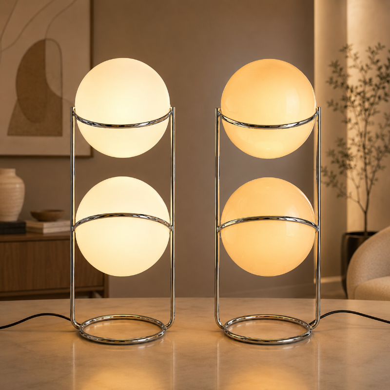 lampadaire boule blanche et ambre allumé
